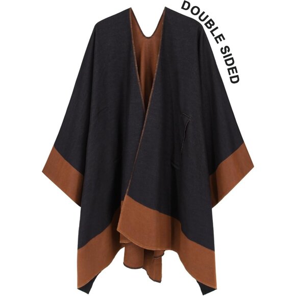Women's Shawl Wrap Poncho Ruana Cape Open Front Cardigan Fall Winter Camel - Picture 4 of 6